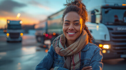 Fototapeta premium A trailblazing young female trucker ready for the long haul, highlighting female empowerment in transportation logistics