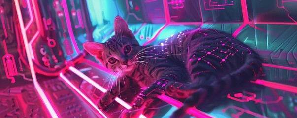 Sci fi kitty with shimmering pink circuits lounging in a futuristic habitat cute yet sophisticated - obrazy, fototapety, plakaty