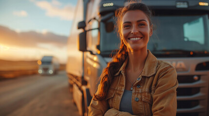 Young female truck driver, arms crossed, poses with her semi-truck, a testament to gender diversity in transportation logistics - obrazy, fototapety, plakaty