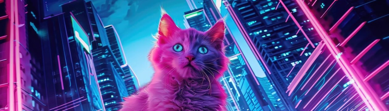 Neon pink cyber kitten eyes aglow amidst a backdrop of futuristic skyscrapers evoking wonder-standard-scale-4_00x