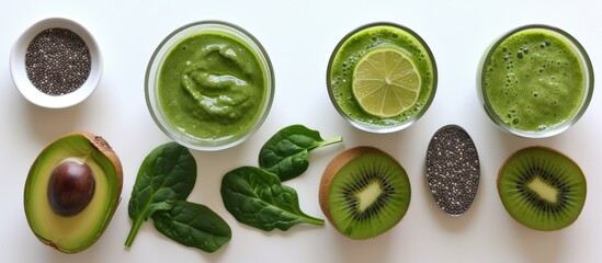 Spinach and kale green smoothie with kiwi, lime, and chia seeds.
