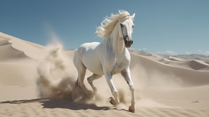 Obraz na płótnie Canvas Running over the desert is a white horse.