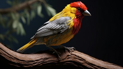 Sitting on a branch is a bird with a red head and yellow feathers.