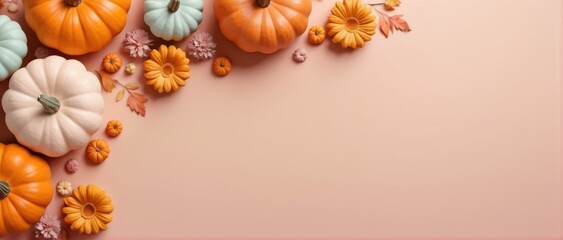trendy thanksgiving halloween background with pastel pumpkins and flowers