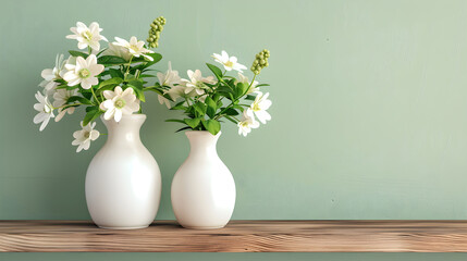 Fototapeta na wymiar Two white vases on wooden shelf green wall white vases. Copy Space, Generative Ai