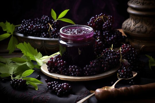 delicious mulberry jam in a jar on the table