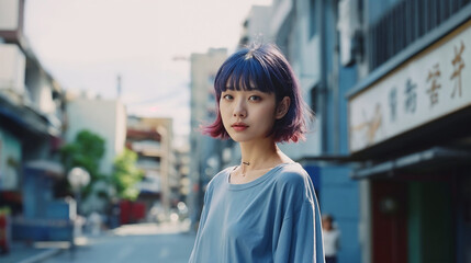 Fototapeta premium 住宅街に立ち振り返る女性