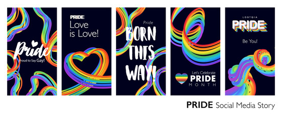 Colorful happy PRIDE month cover page set with abstract 3D progress pride rainbow for or prints, web ads and social event story. Vector illustration.