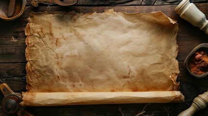 Old ancient papyrus scroll with cooking recipe wallpaper background - obrazy, fototapety, plakaty