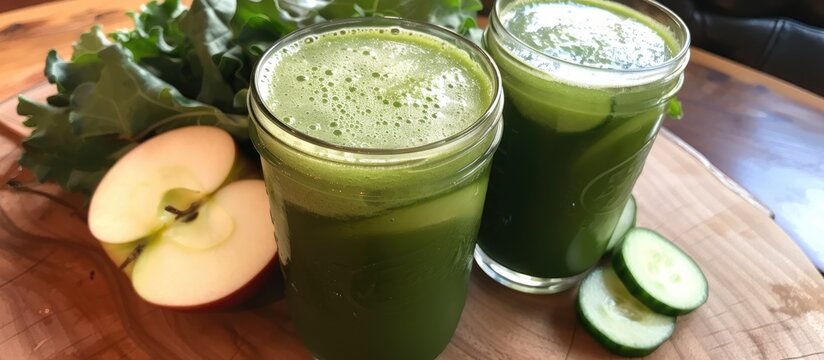 Organic greens, apples, cucumbers, and limes in a fresh juice smoothie.