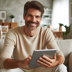happy man using digital tablet