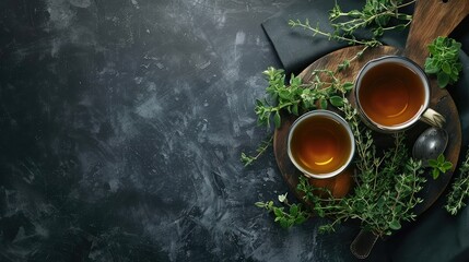 Thyme herbal tea, view from above, space for a text - obrazy, fototapety, plakaty