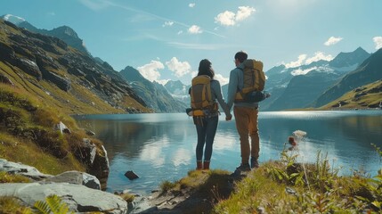 Travelers couple look at the mountain lake. Travel and active life concept with team. Adventure and travel in the mountains region