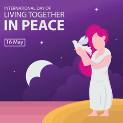illustration vector graphic of a woman released doves on the edge of the lake, showing star in the sky, perfect for international day, living together in peace, celebrate, greeting card, etc.