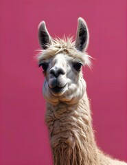 Funny llama blowing gum isolated on hot pink background with copy space. Generative AI 