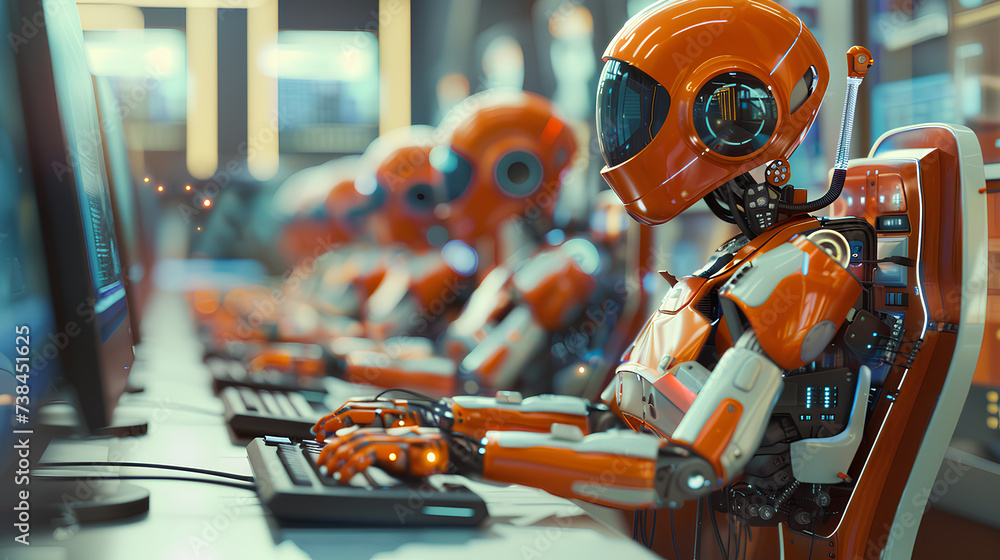 Fototapete orange ai robots deep in conversation while working on computers