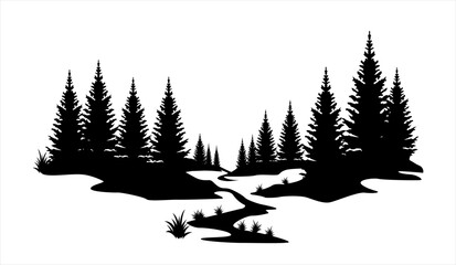 illustration of the silhouette of a pine forest with a river, valley landscape  - obrazy, fototapety, plakaty