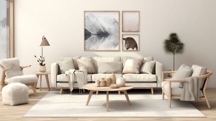 Fototapeta na wymiar Interior design of modern contemporary living room inspired with scandinavian elegance 