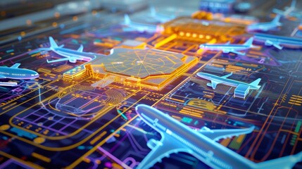 Obraz premium A closeup of the virtual airport map guide surrounded by vibrant colors and animated graphics making it look almost like a futuristic video game.