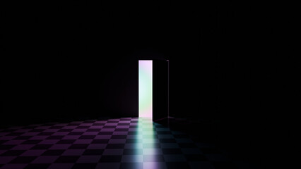 A 3D render of a slightly open door to an empty checkered floor room with a bright purple green portal, light, A Crack in the Mystery