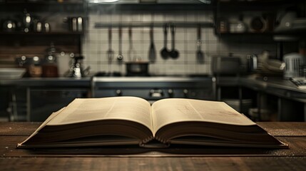 Open book with recipe on kitchen table wallpaper background - Powered by Adobe