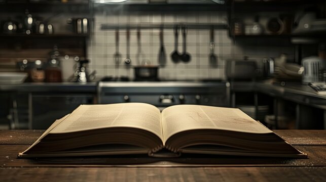 Open book with recipe on kitchen table wallpaper background