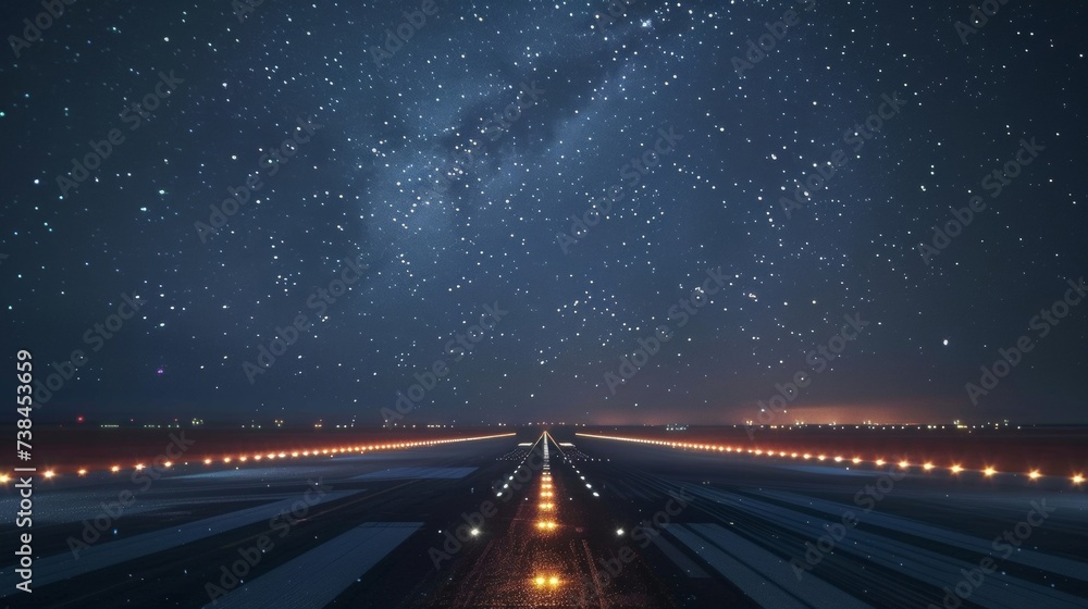 Poster the glow of runway lights guiding planes towards the sky creating a mesmerizing contrast against the