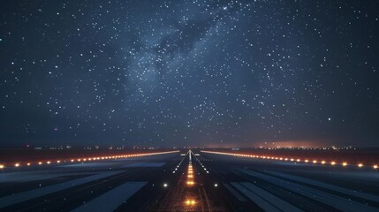 The glow of runway lights guiding planes towards the sky creating a mesmerizing contrast against the vast blanket of stars above. - obrazy, fototapety, plakaty