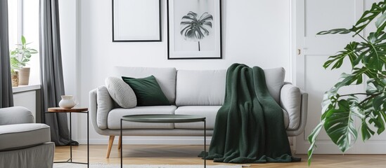 Bright living room with a dark green blanket on a grey sofa, empty poster and armchair.