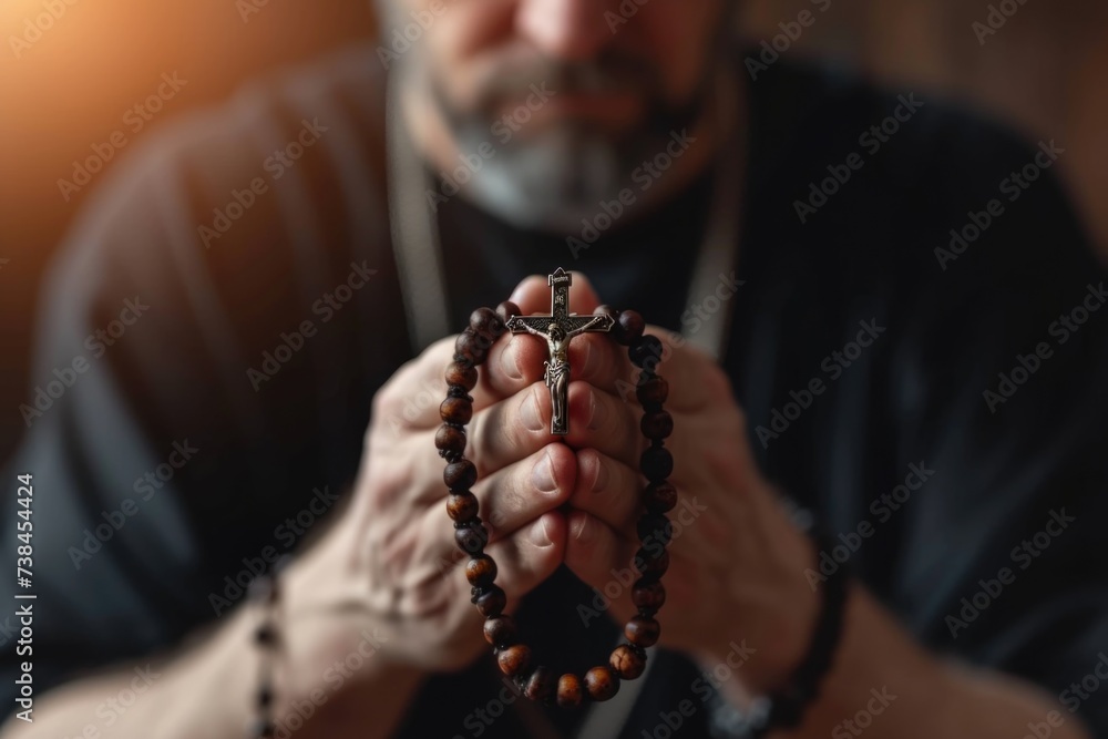 Wall mural Soulful prayer: a man in quiet devotion, hands clasped around a rosary cross, seeking solace and spiritual connection, capturing the essence of serene contemplation, faith, and religious devotion. - Wall murals