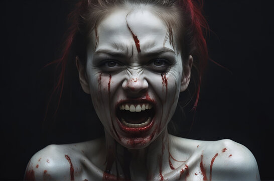 Scary zombie with bloody face closeup. evil, demon, skull and monster