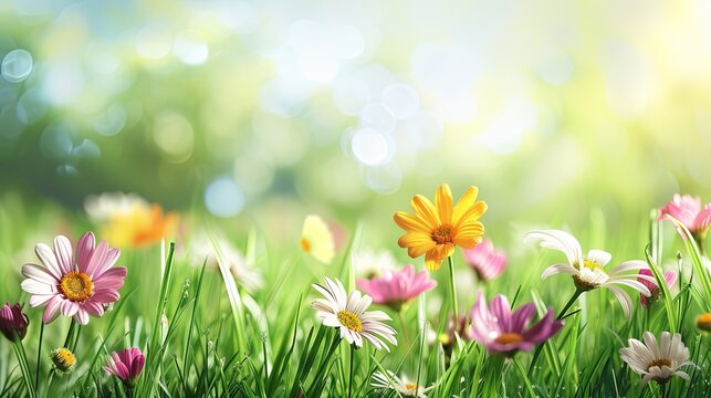 Summer field meadow grass with colorful flowers wallpaper background