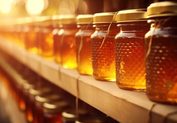 jars of honey neatly lined up on the shelf - obrazy, fototapety, plakaty