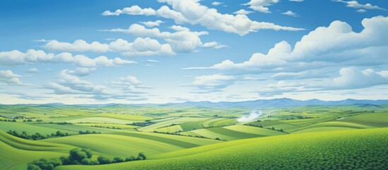 From a distance, a rectangular landscape unfolds with a vast green pea field stretching endlessly, harmoniously contrasting the vibrant blue sky above. - obrazy, fototapety, plakaty