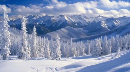 A serene and picturesque landscape of snowcapped mountains inviting adventurers to pack their skis and hit the slopes.