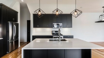 Contemporary Black and White Kitchen with Geometric Pendant Lights AI Generated.