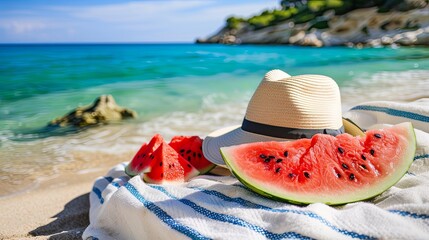 Towel with watermelon piece slice fruit on beach sea wallpaper background - Powered by Adobe