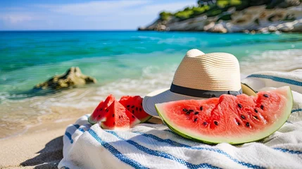 Fotobehang Towel with watermelon piece slice fruit on beach sea wallpaper background © Irina