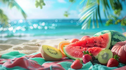 Papier Peint photo Lavable Turquoise Fruits food summer tropical exotic sea shore wallpaper background 