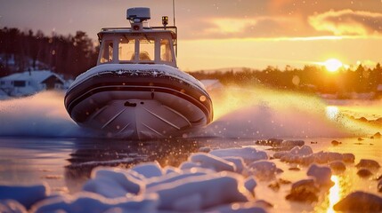 Inflatable Boat on Frozen River at Sunset. Generative ai