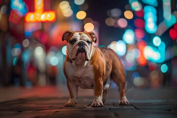 Bulldog on a City Street at Night with Glowing Lights. Generative ai - obrazy, fototapety, plakaty