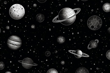 Hand drawn seamless pattern of line art planet icons