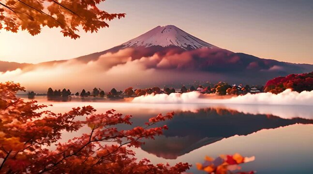 Colorful Autumn and Mount Fuji with morning mist and red leaves at Kawaguchiko lake is one of the best places in Japan