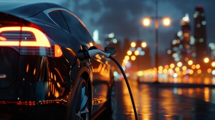 An alternative energy automobile charging, with a background of modern city lights - obrazy, fototapety, plakaty