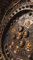 An antique vault with modern bitcoin symbols intricately etched onto it