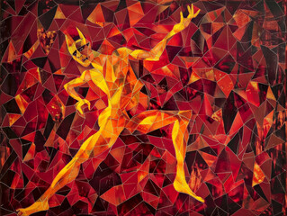 Angular inferno waltz Devil dancing in geometric flames - obrazy, fototapety, plakaty