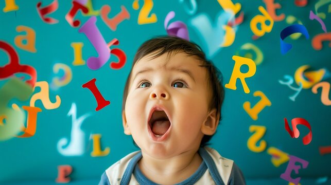 Excited Toddler with Alphabet Letters Flying Around. Generative ai