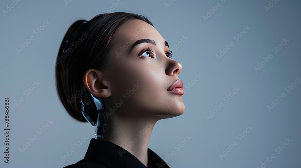 Poster a portrait of an attractive ai robot designed for customer interactions in businesses