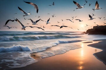 /imagine: A tranquil beach at twilight, with gentle waves lapping against the shore and seagulls flying overhead
