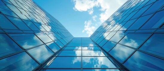 Fototapeta na wymiar Glass building fragment against blue sky.